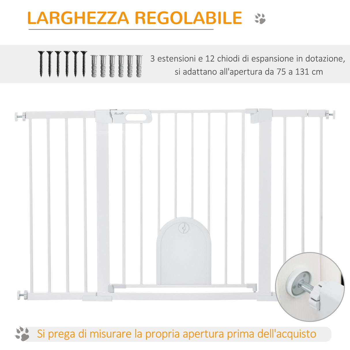 easycomfort cancelletto per cani estensibile con porta a chiusura automatica in metallo e abs 75 131x76 cm bianco