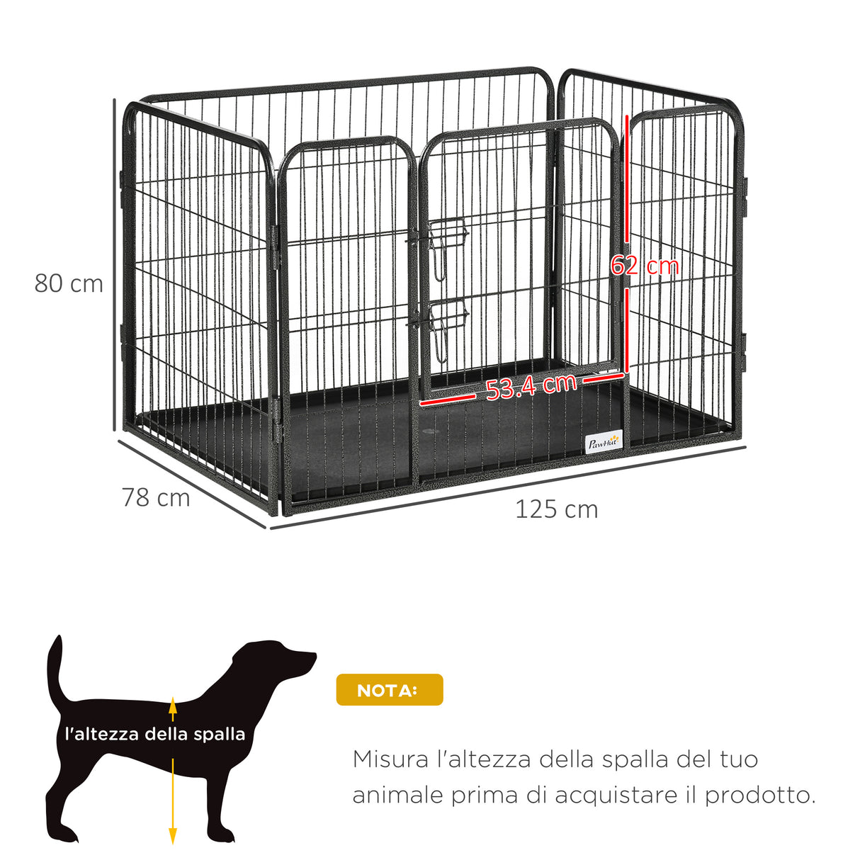 easycomfort box per cani recinzione in metallo per animali con 4 pannelli porta con doppio blocco e vassoio sul fondo 125x78x80cm grigio