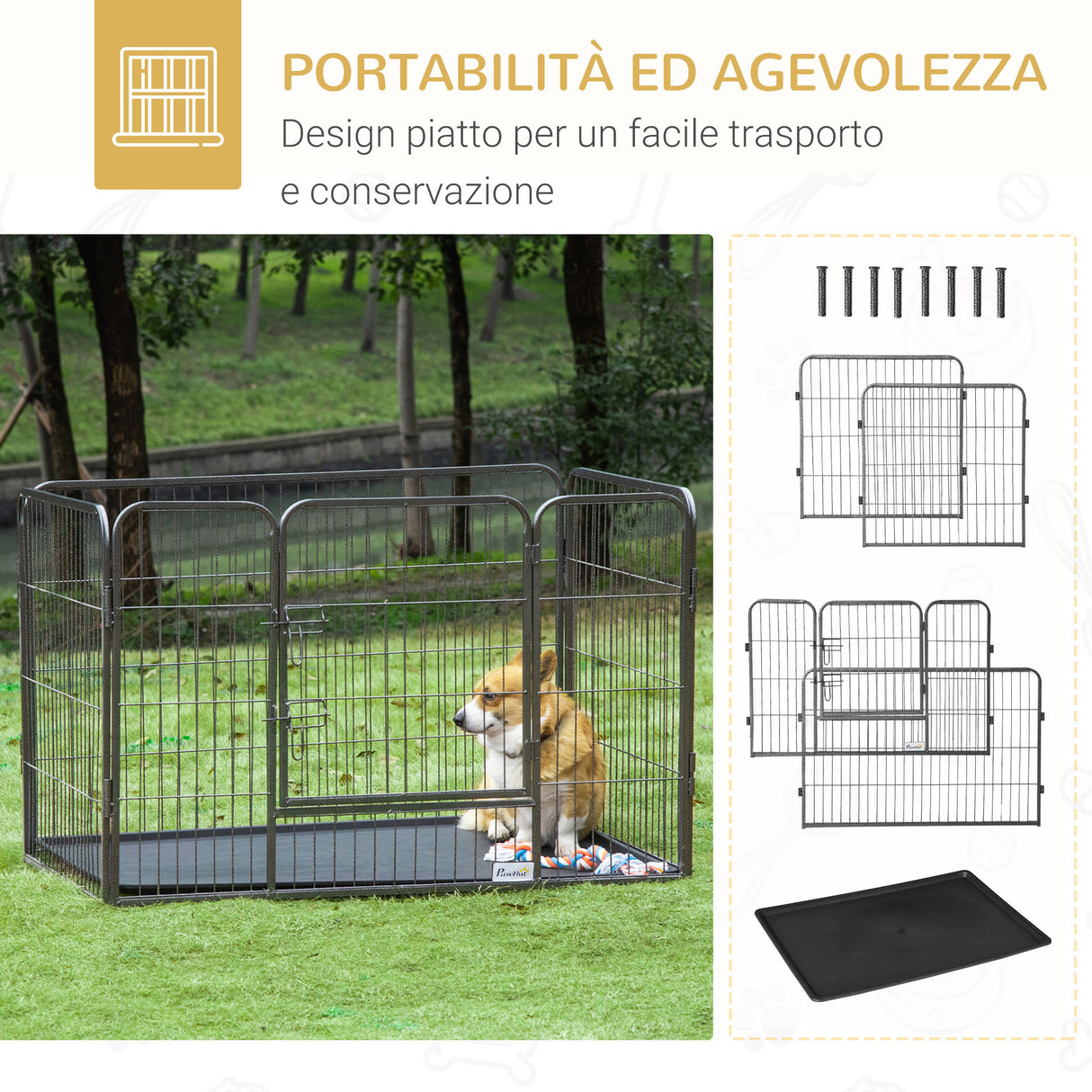 easycomfort box per cani recinzione in metallo per animali con 4 pannelli porta con doppio blocco e vassoio sul fondo 125x78x80cm grigio