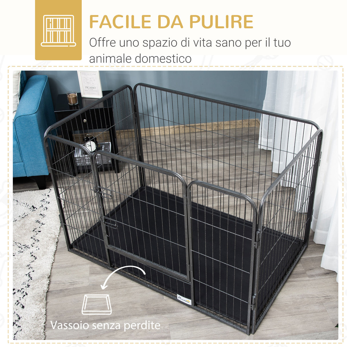 easycomfort box per cani recinzione in metallo per animali con 4 pannelli porta con doppio blocco e vassoio sul fondo 125x78x80cm grigio