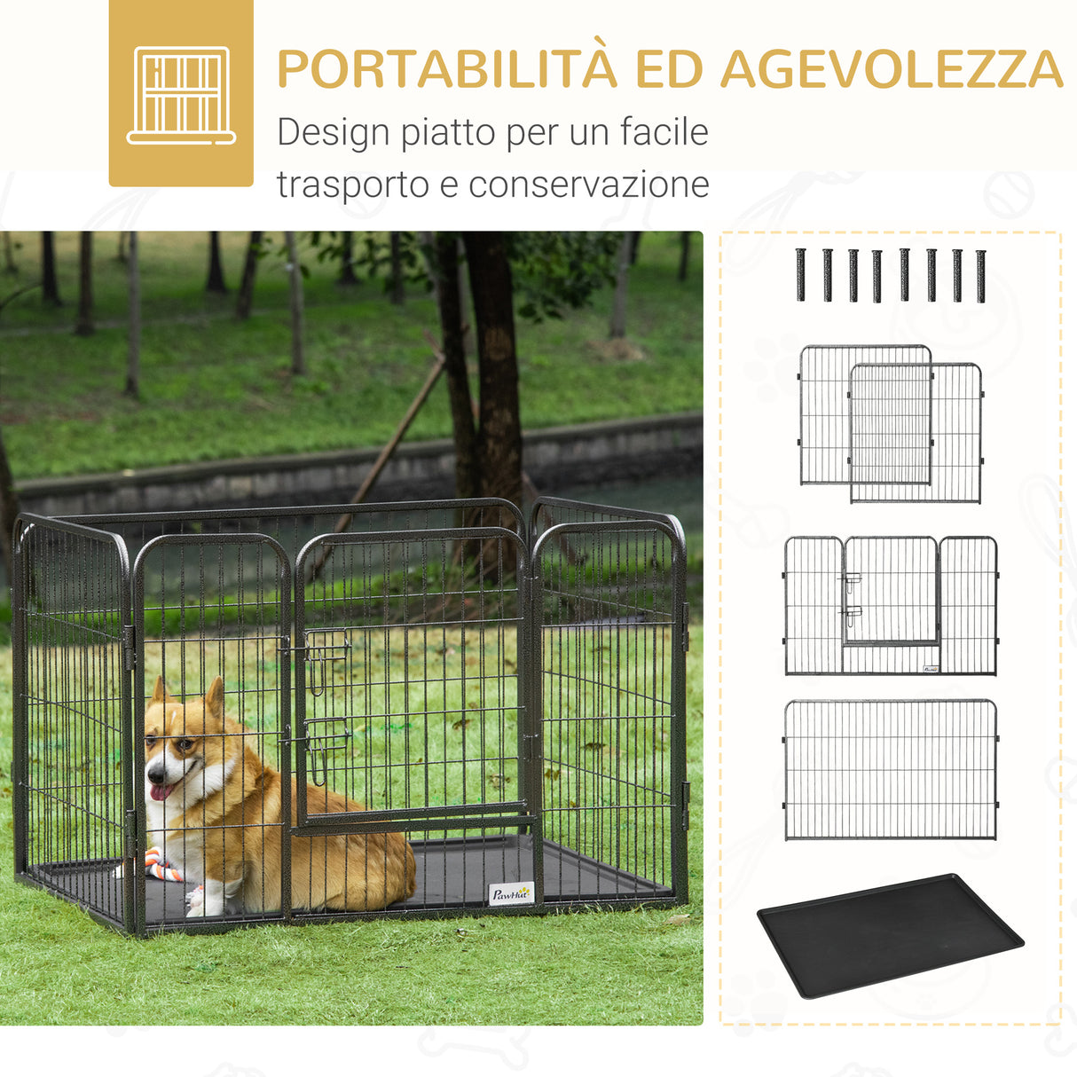 easycomfort box per cani recinzione in metallo per animali con 4 pannelli porta con doppio blocco e vassoio sul fondo 109x74x71cm grigio