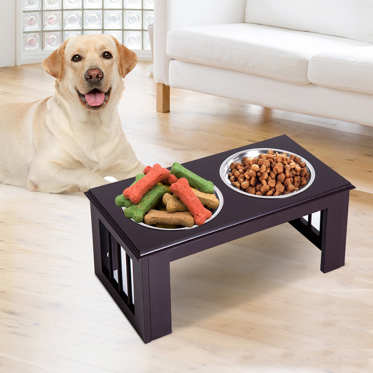 easycomfort easycomfort doppia ciotola rialzata per cani in acciaio inox e mdf 58.4x 30.5x 25.4cm