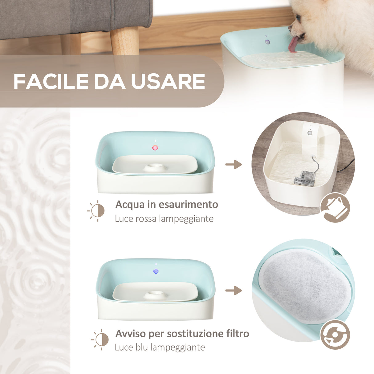 easycomfort easycomfort fontanella per gatti e cani da 3l con filtro a carboni luce led e sensore di movimento bianco