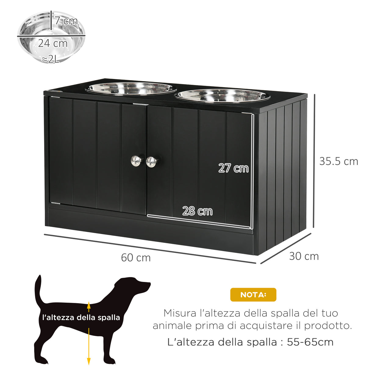 easycomfort ciotola per cani rialzata con vano contenitore 2 ciotole in acciaio inox rimovibili 60x30x35.5cm nero
