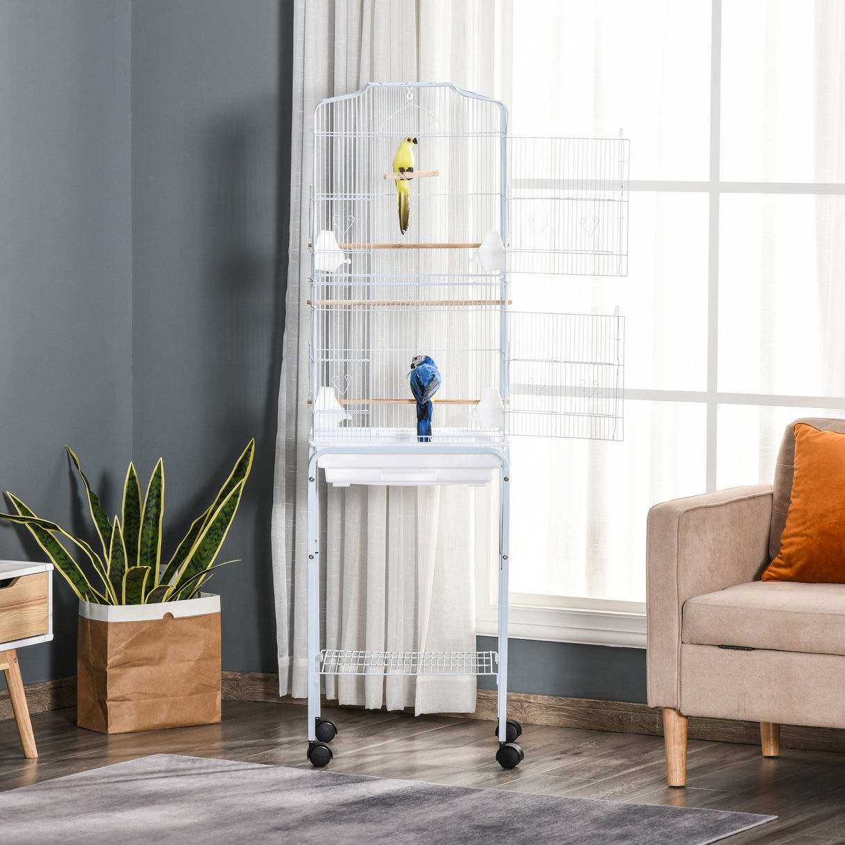 easycomfort easycomfort gabbia per uccelli voliera in metallo e acciaio con ruote trespoli e ciotole 46 5x36x157cm bianco