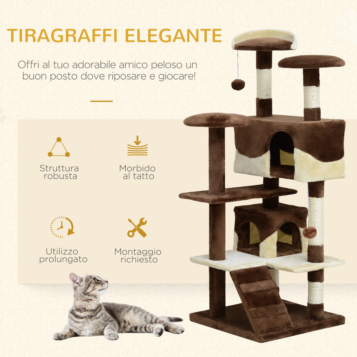 easycomfort easycomfort albero per gatti in peluche e sisal con cucce e pallina caffe e crema 50x50x132cm