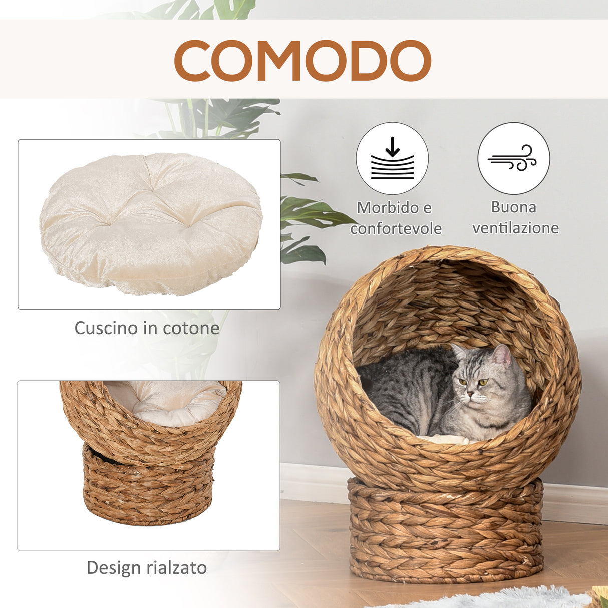 easycomfort easycomfort letto per gatti in vimini con cuscino in cotone bianco 42 x 33 x 52 cm