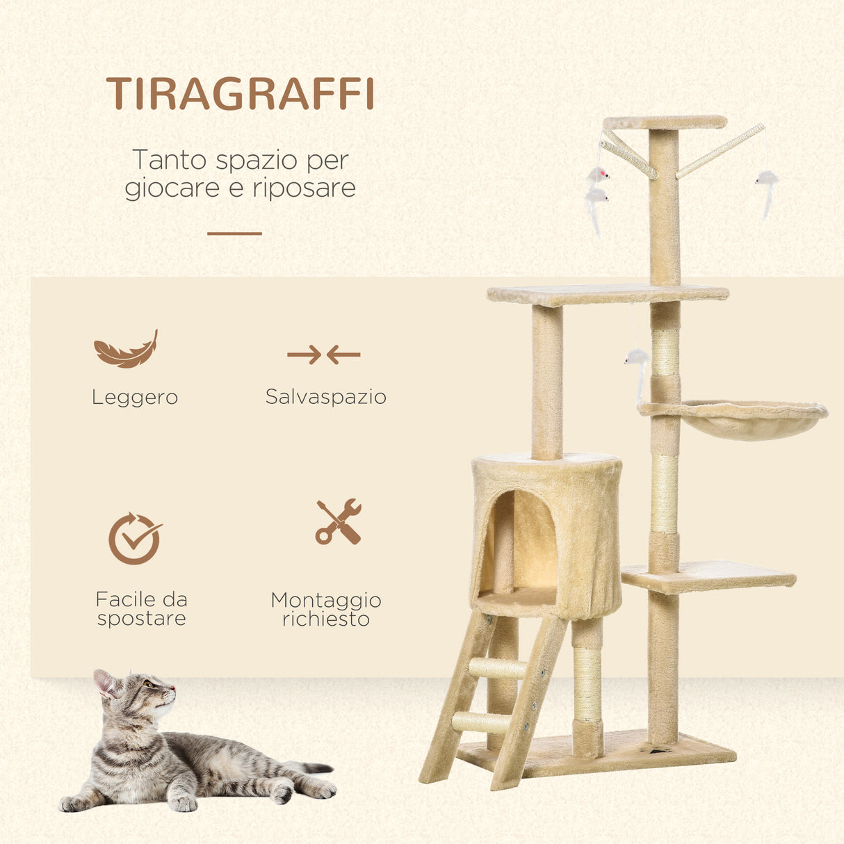 easycomfort easycomfort albero tiragraffi con cuccia per gatti in legno sisal naturale beige 40x30x131cm