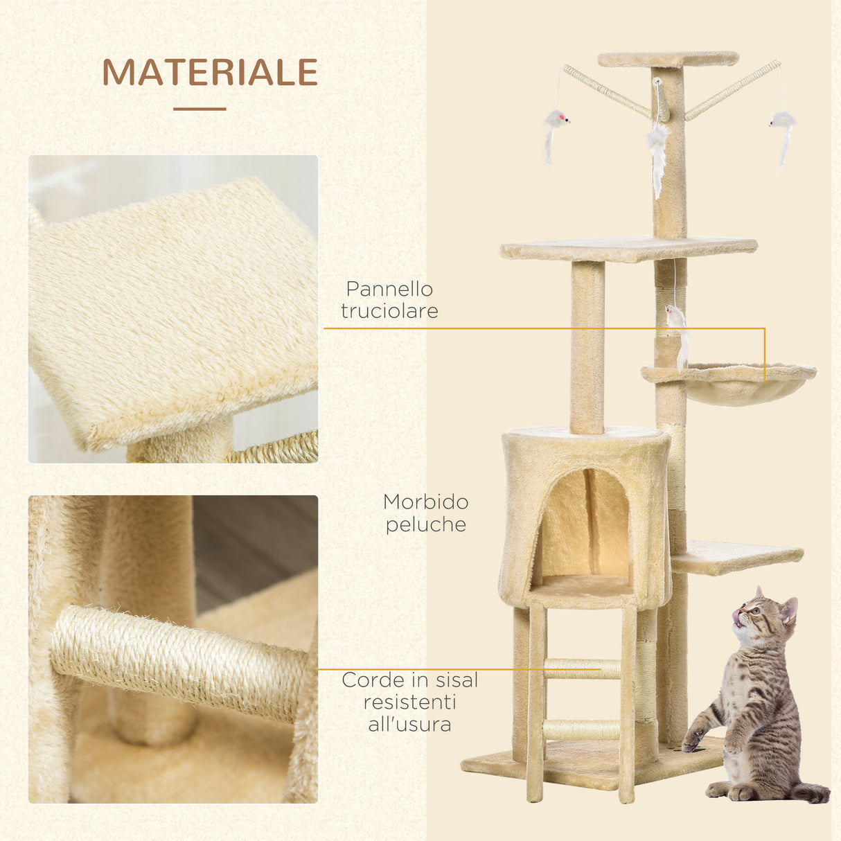 easycomfort easycomfort albero tiragraffi con cuccia per gatti in legno sisal naturale beige 40x30x131cm