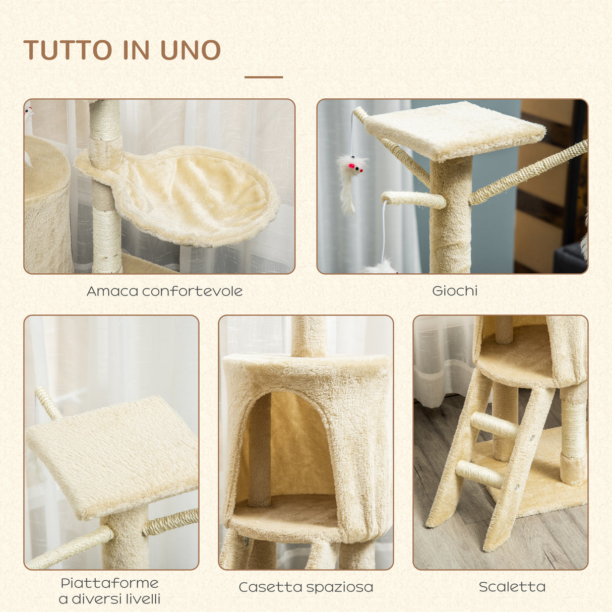 easycomfort easycomfort albero tiragraffi con cuccia per gatti in legno sisal naturale beige 40x30x131cm