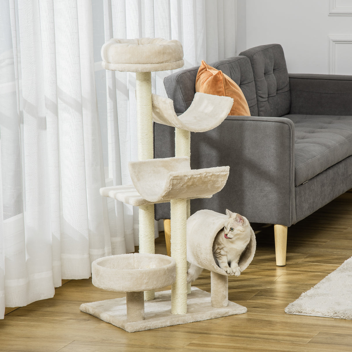 easycomfort easycomfort albero per gatti con cucce e tunnel multi livello beige 50x40x105 cm
