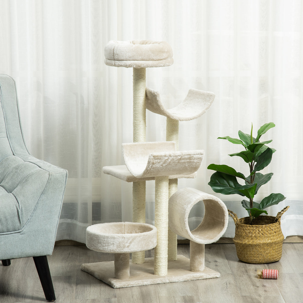 easycomfort easycomfort albero per gatti con cucce e tunnel multi livello beige 50x40x105 cm