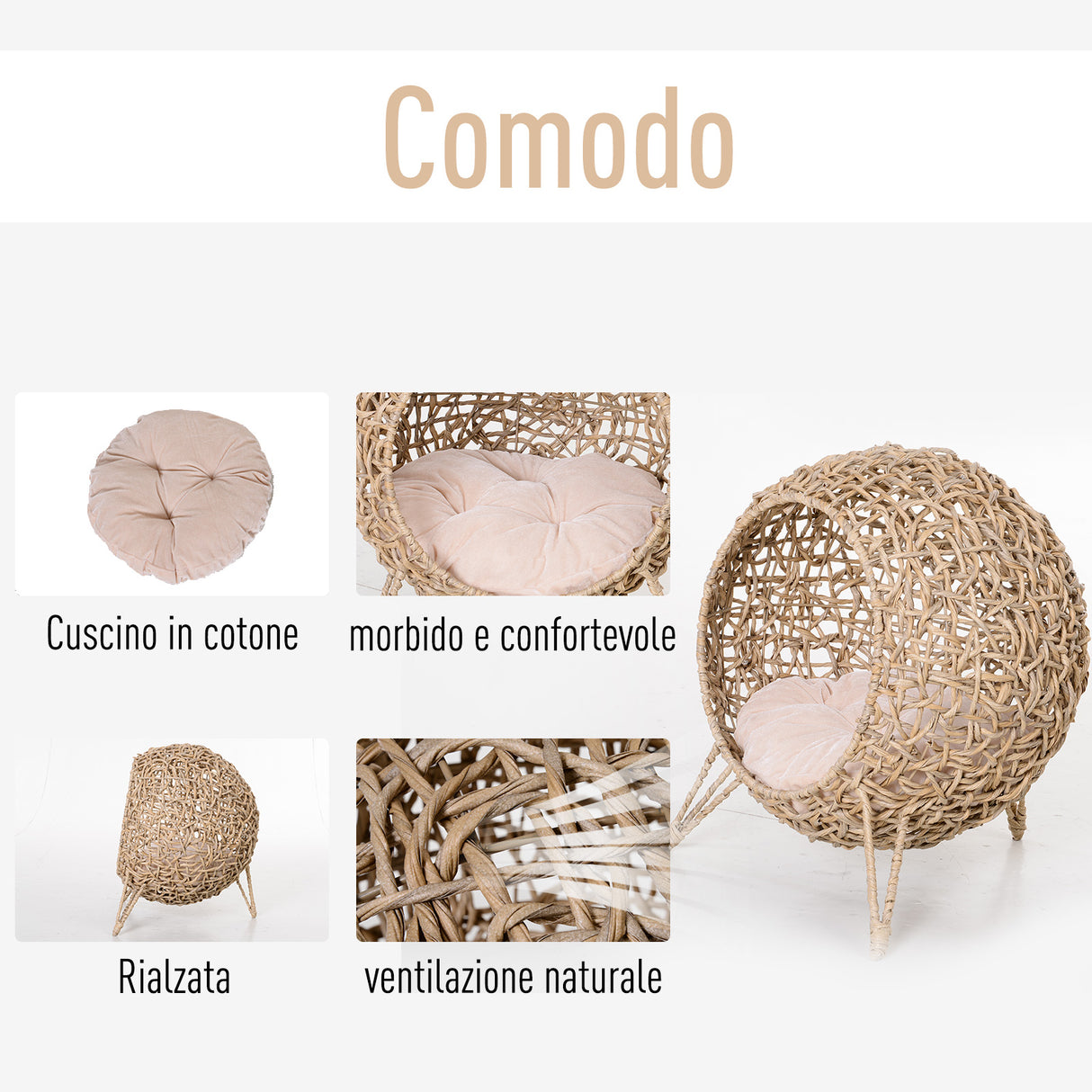 easycomfort easycomfort lettto per gatti in vimini marrone chiaro con cuscino 52x58cm