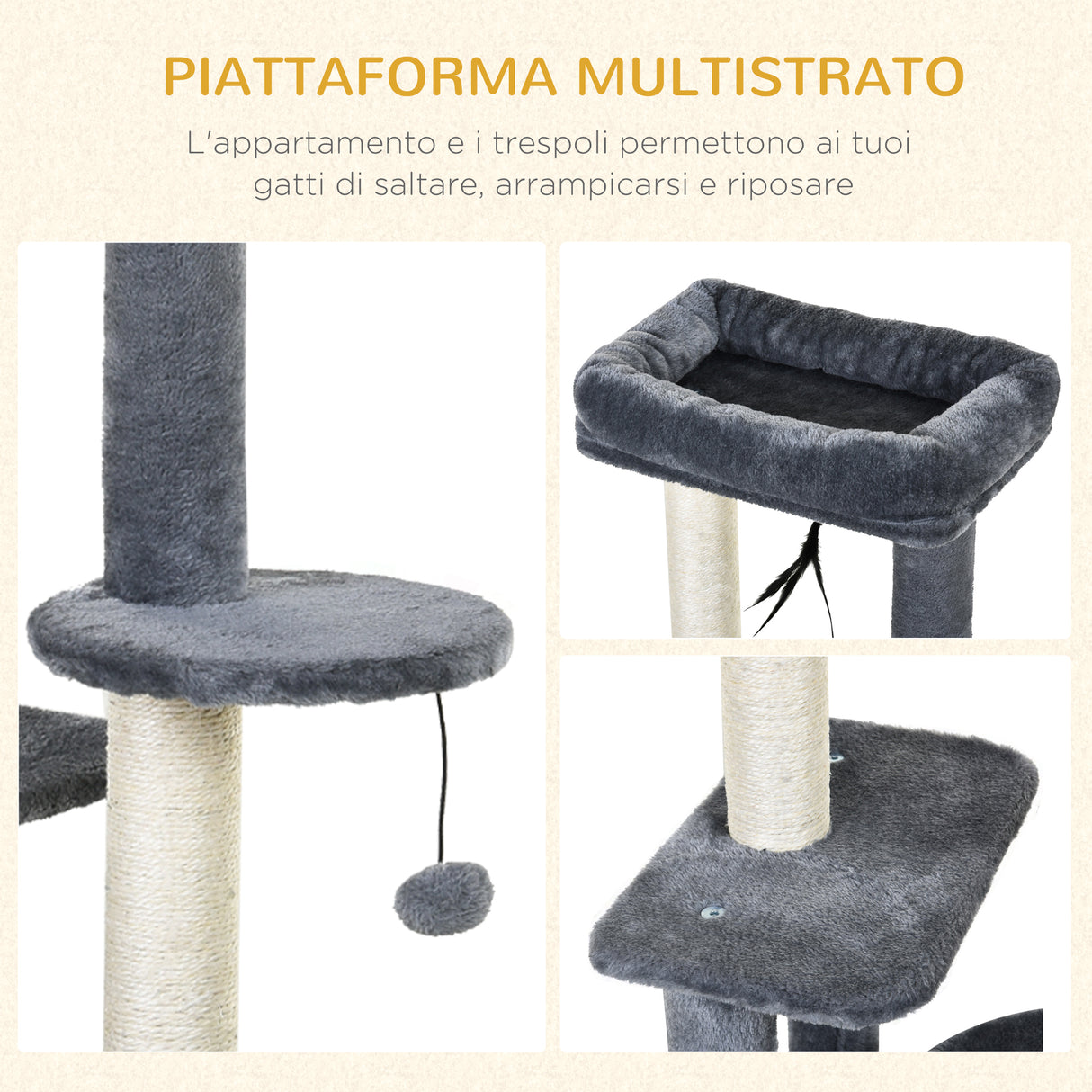 easycomfort easycomfort tiragraffi per gatti con cuccia posatoio e 2 ripiani bianco e grigio 48x35x100cm