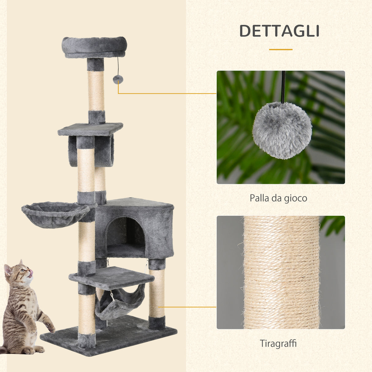 easycomfort easycomfort tiragraffi a colonna per gatti con cuccia amaca lettini sospesi e pali in corda sisal grigio 60x40x154cm