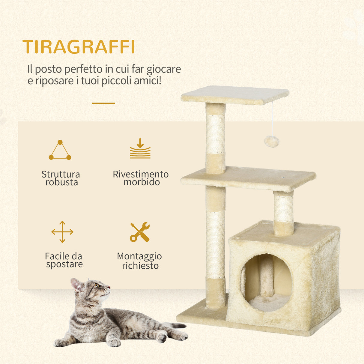 easycomfort easycomfort tiragraffi per gatti con cuccia pallina e pali in corda sisal beige