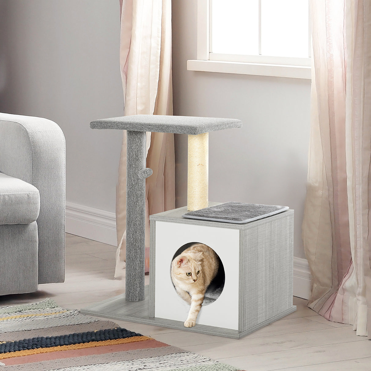 easycomfort easycomfort albero tiragraffi per gatti con cuccia e colonna in corda sisal grigio 59x39x62cm