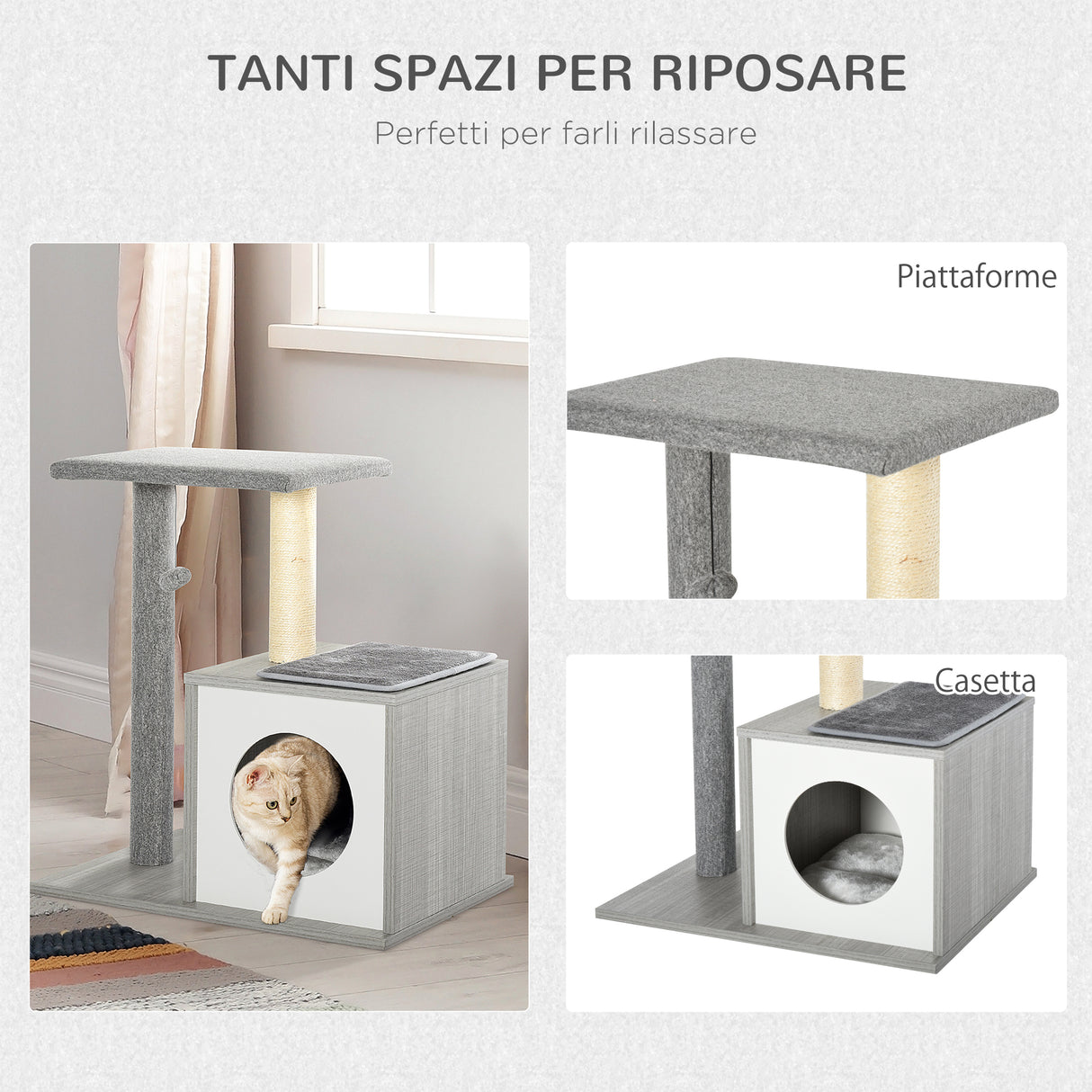 easycomfort easycomfort albero tiragraffi per gatti con cuccia e colonna in corda sisal grigio 59x39x62cm