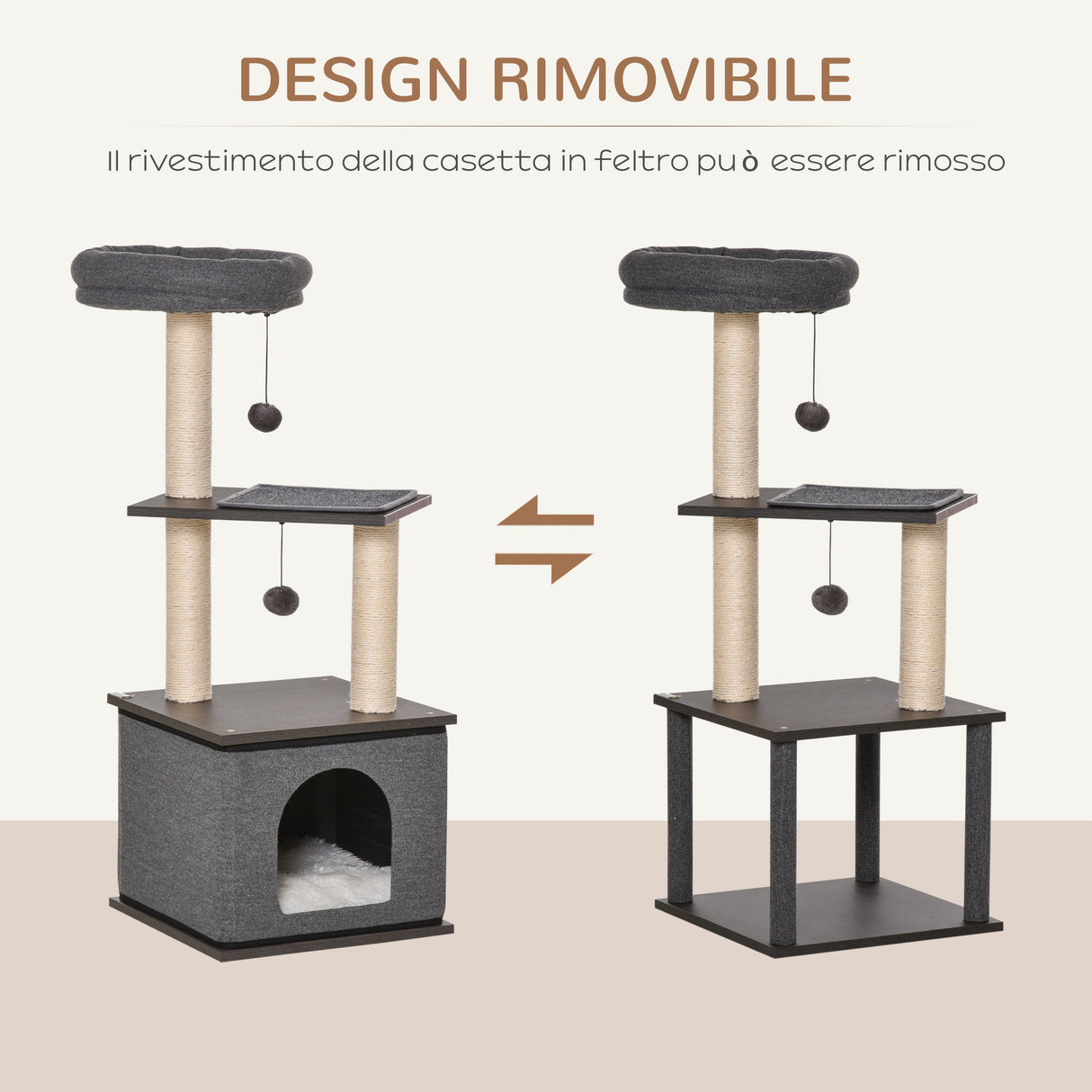 easycomfort easycomfort albero tiragraffi per gatti con casetta lettino e pali in sisal 40x40x104cm grigio