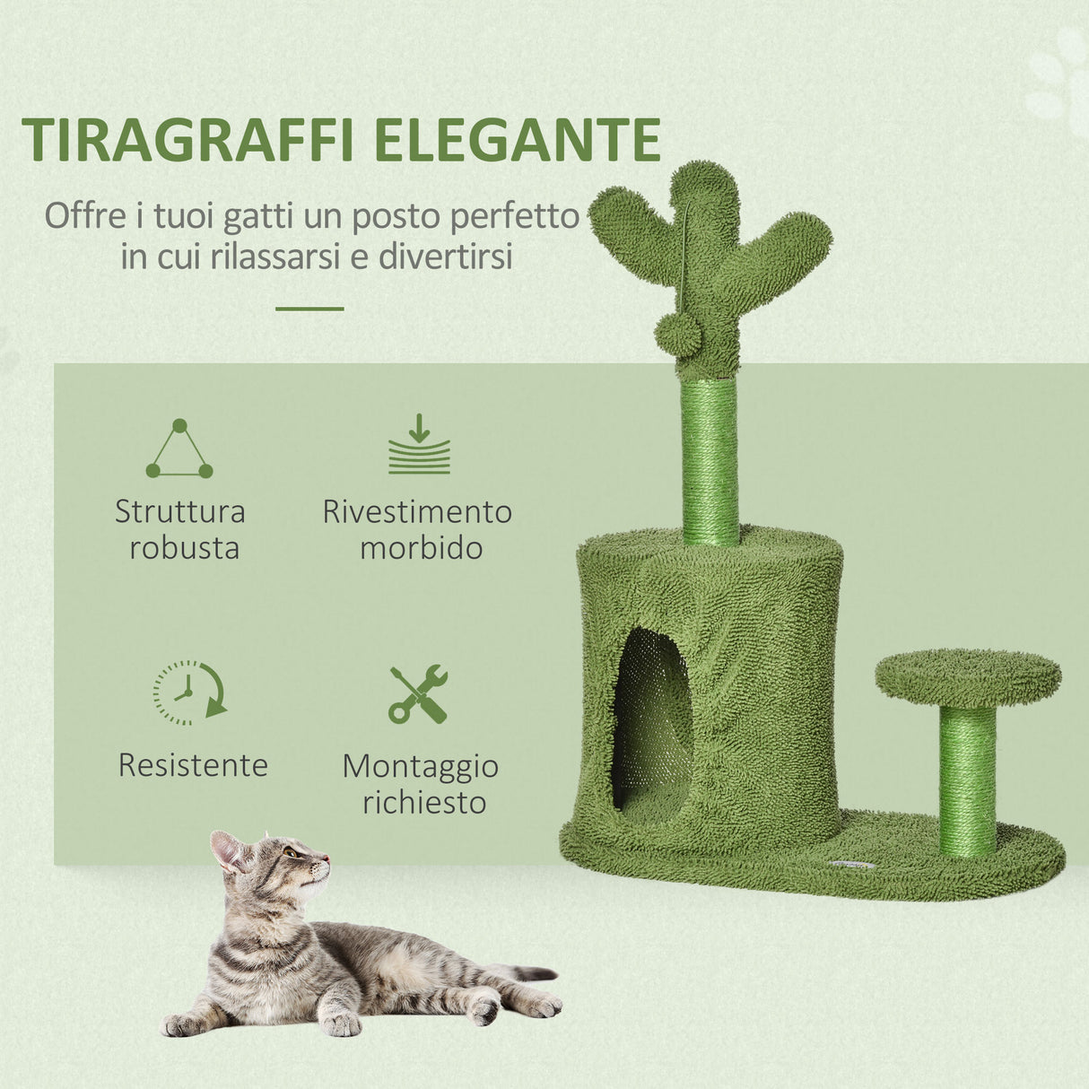easycomfort easycomfort albero tiragraffi per gatti fino 4 5kg a forma di cactus con palline e cuccia 60x35x78cm verde