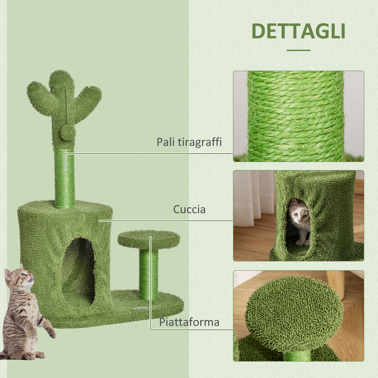 easycomfort easycomfort albero tiragraffi per gatti fino 4 5kg a forma di cactus con palline e cuccia 60x35x78cm verde