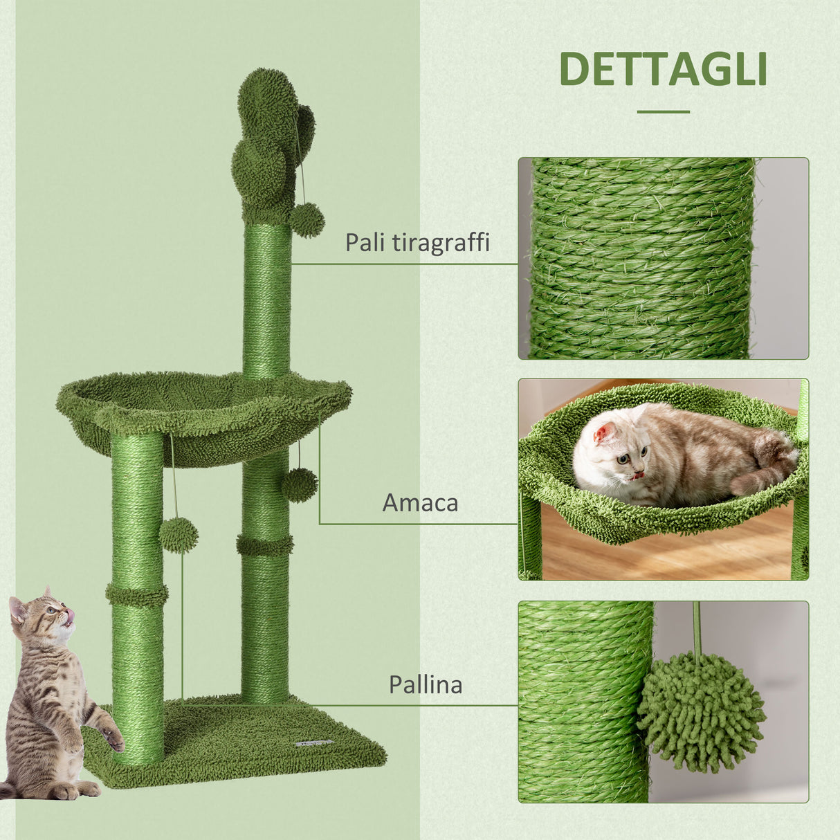 easycomfort easycomfort albero tiragraffi per gatti fino 4 5kg a forma di cactus con palline e amaca 40x40x96cm verde
