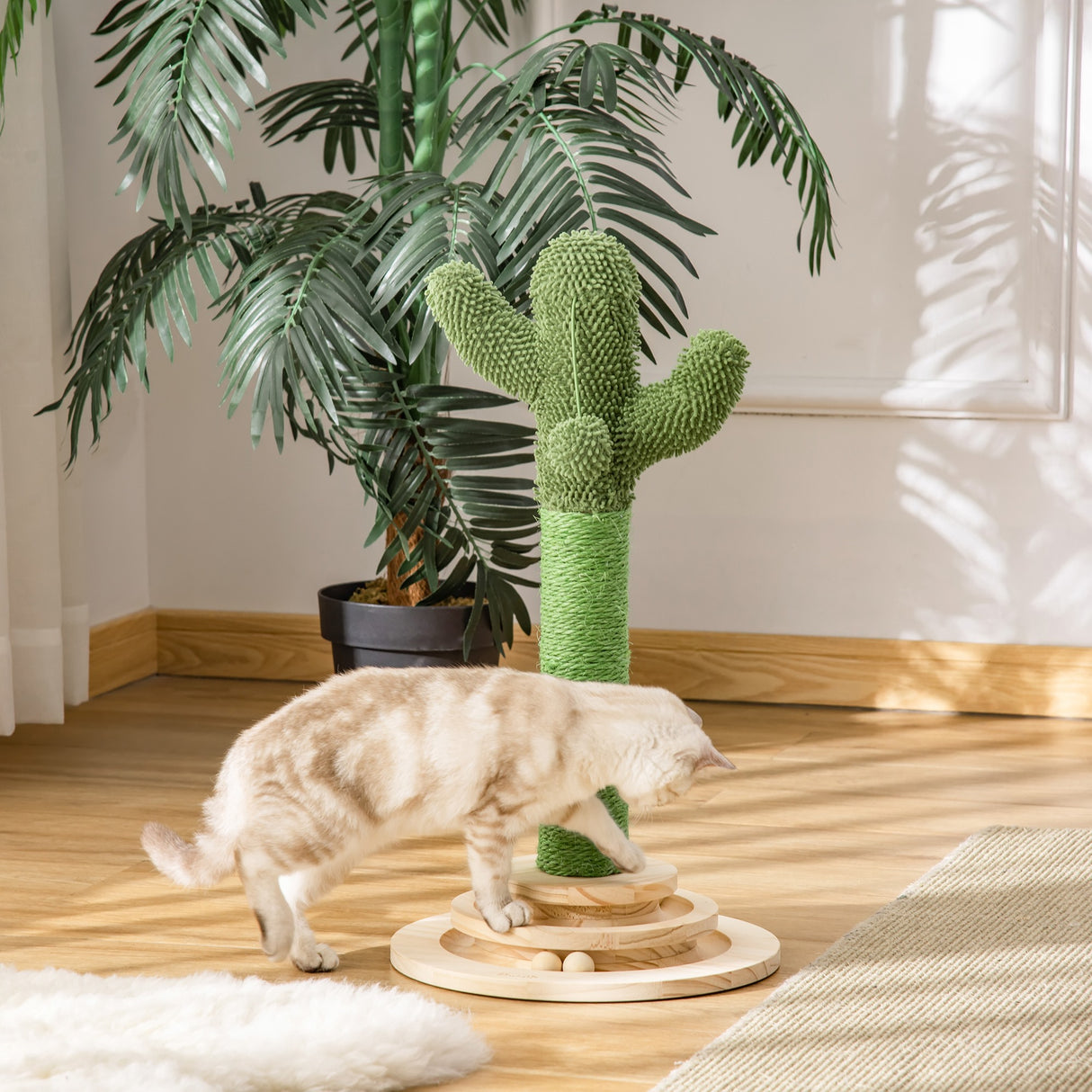 easycomfort easycomfort albero tiragraffi a cactus per gatti corda sisal e base con palline in legno 32x32x60cm