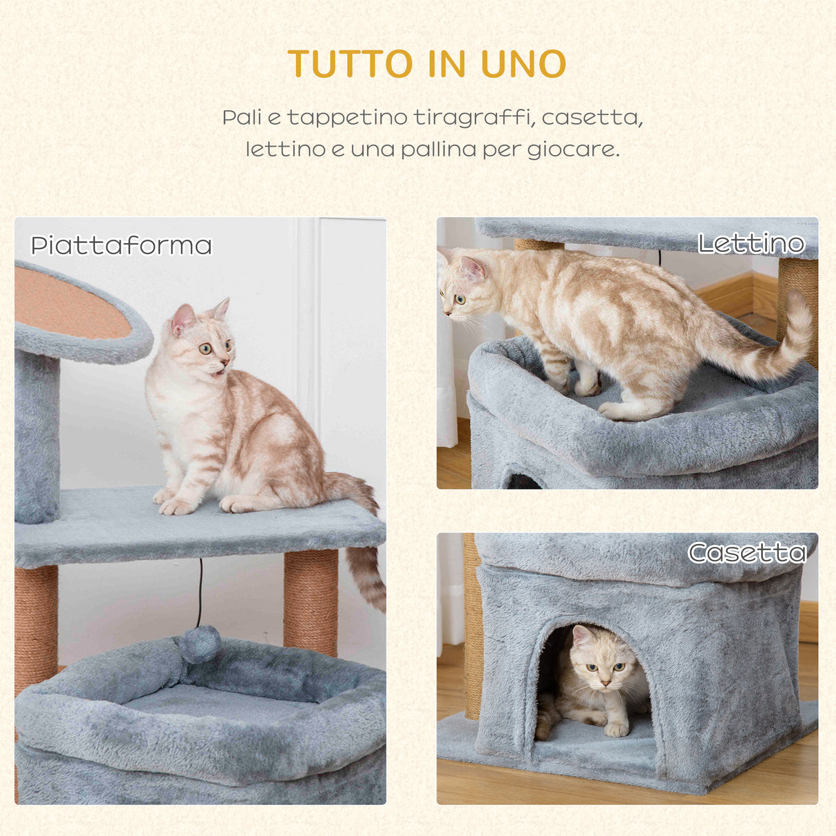 easycomfort easycomfort tiragraffi per gatti con pali in juta casetta e cuscino rivestimento peluche altezza 84cm grigio