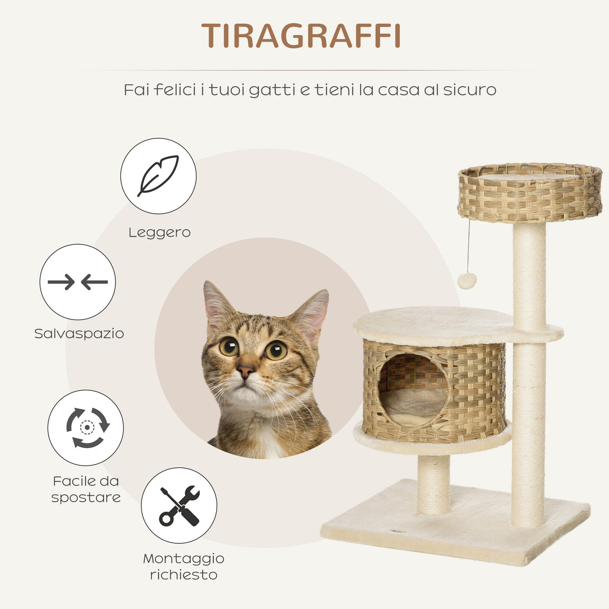 easycomfort easycomfort albero tiragraffi per gatti adulti e gattini da 95cm cuccia e casetta per gatti in rattan e pali in sisal