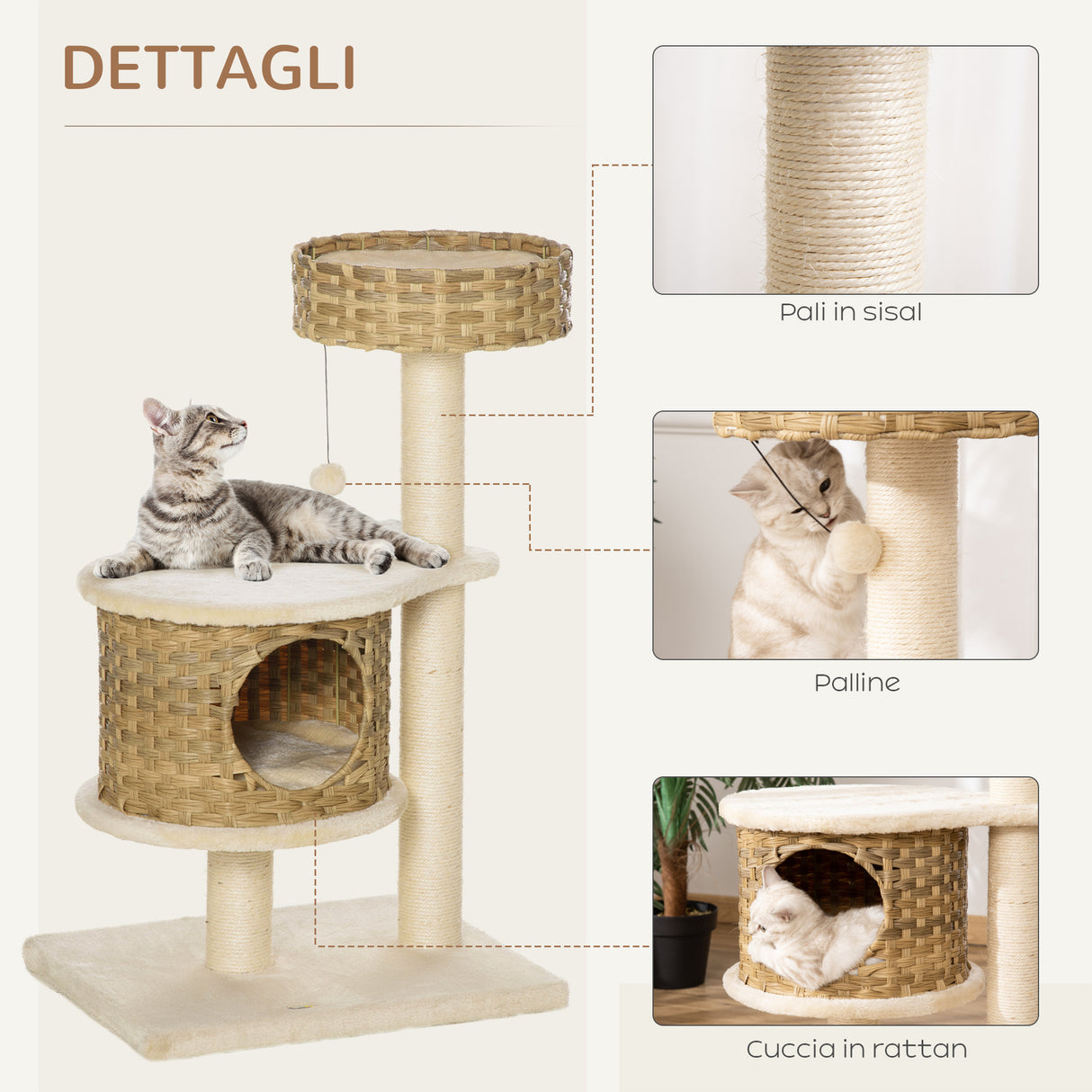 easycomfort easycomfort albero tiragraffi per gatti adulti e gattini da 95cm cuccia e casetta per gatti in rattan e pali in sisal