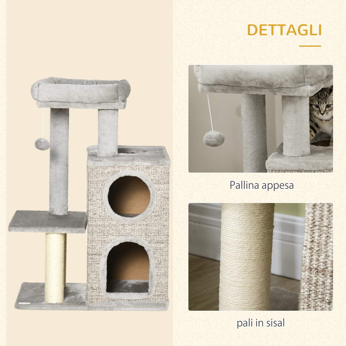 easycomfort tiragraffi per gatti da 5kg max con lettino e pallina da gioco in truciolato peluche e sisal 60x40x91 cm
