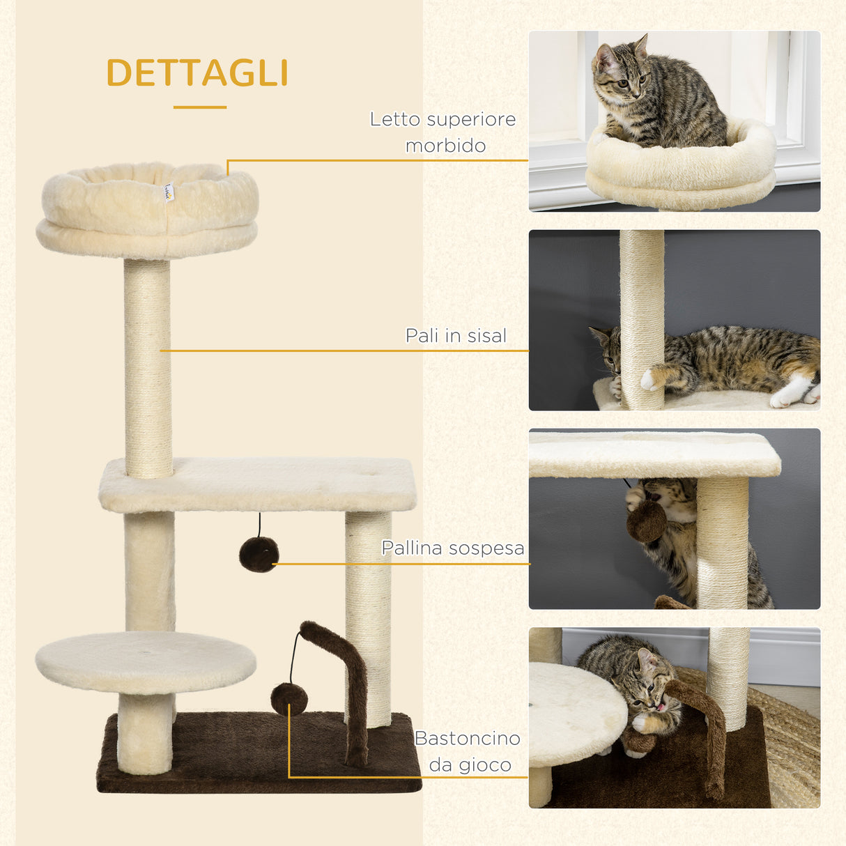 easycomfort albero tiragraffi per gatti con palo in sisal posatoio e palline da gioco in truciolato e peluche 44x38x74 cm