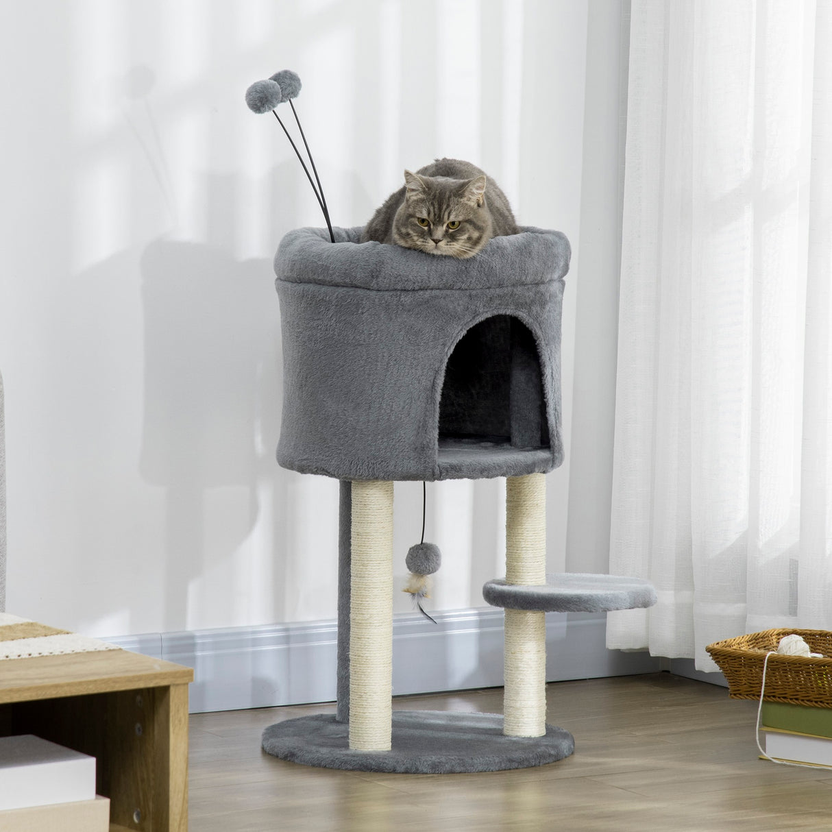 easycomfort albero tiragraffi per gatti con casetta e lettino pali in sisal e palline 44.5x44.5x73.5cm grigio