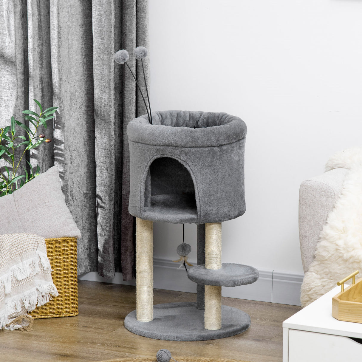 easycomfort albero tiragraffi per gatti con casetta e lettino pali in sisal e palline 44.5x44.5x73.5cm grigio