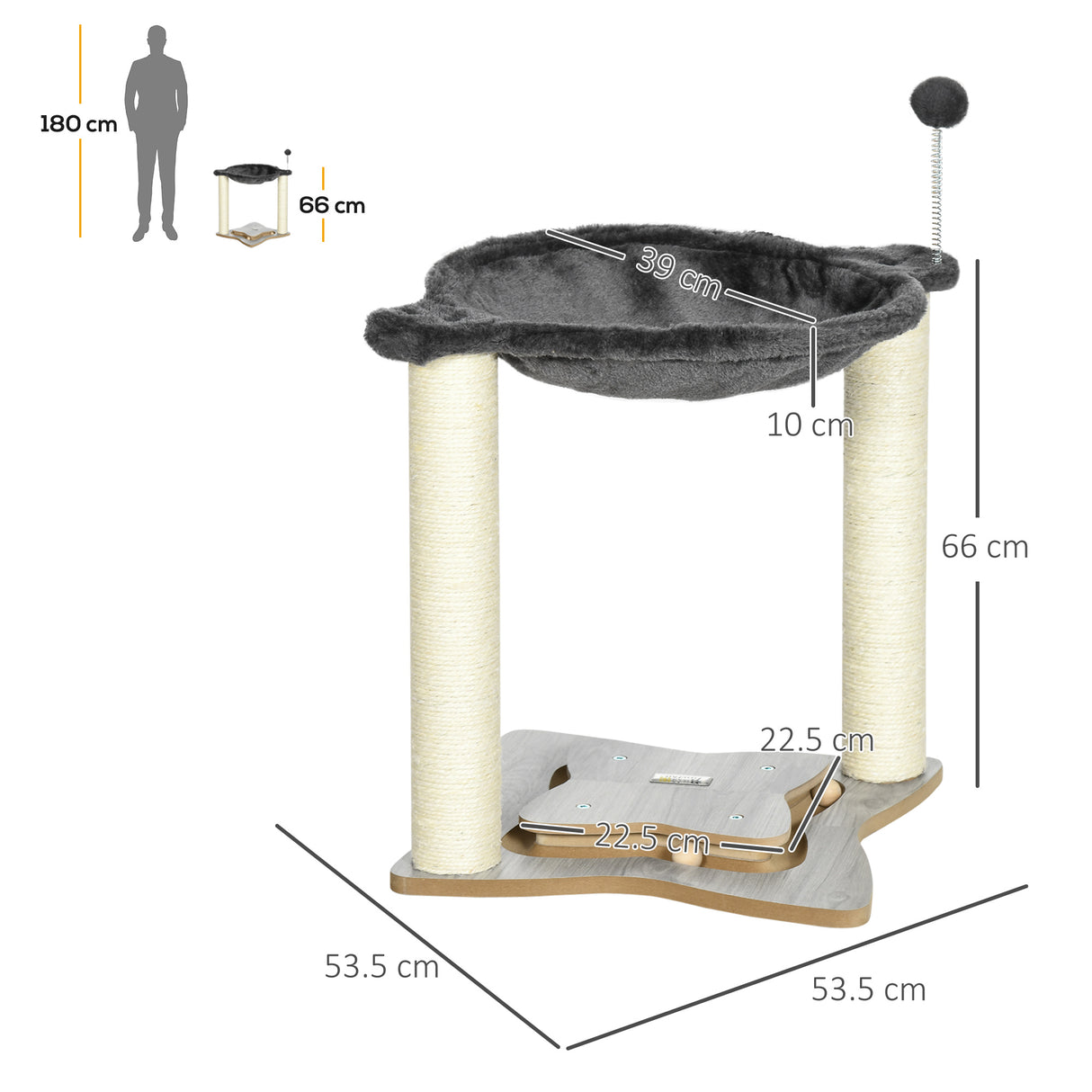 easycomfort tiragraffi per gatti con amaca in peluche base in legno con gioco e pali in sisal 53.55x53.5x66cm grigio
