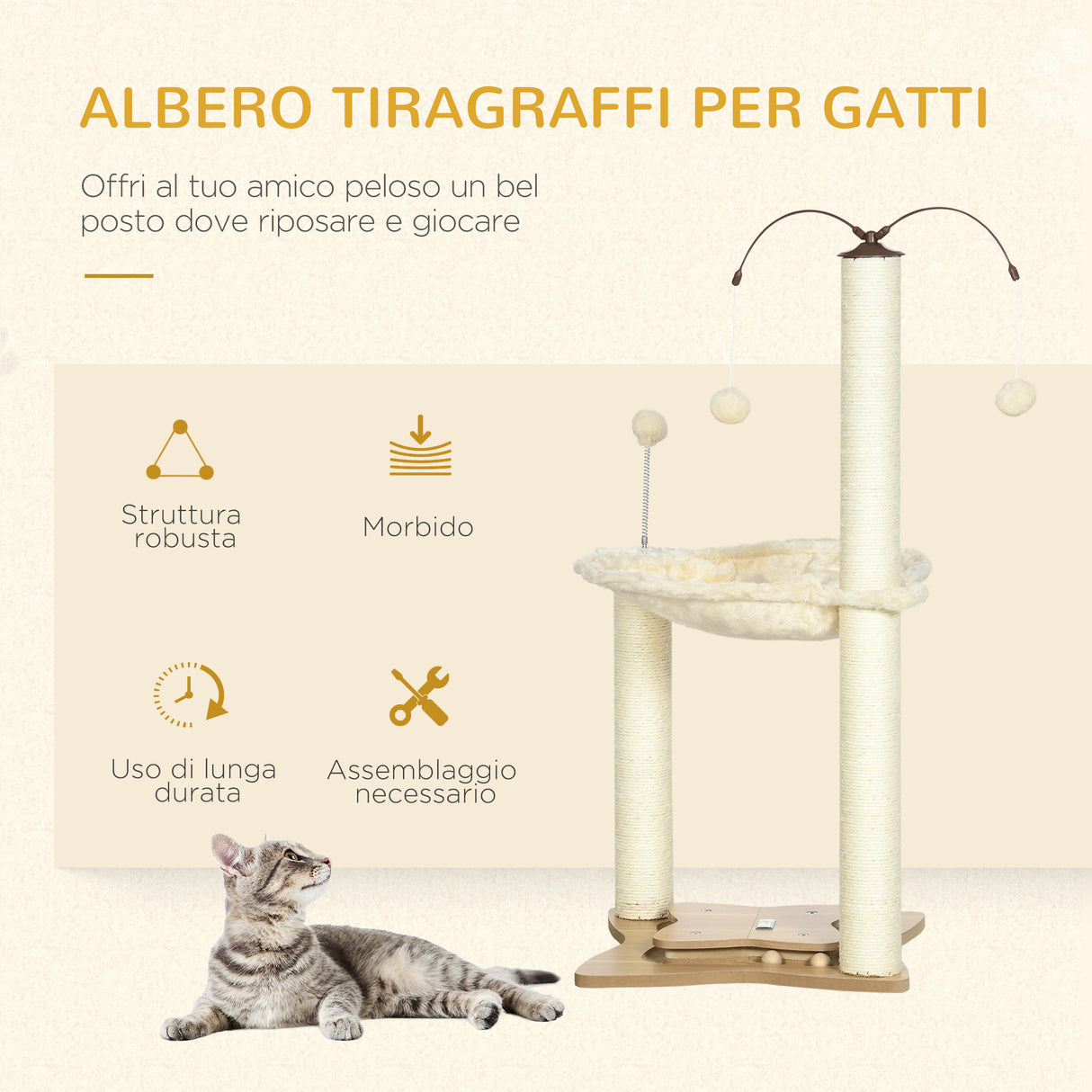 easycomfort albero tiragraffi per gatti max 5kg con amaca palline da gioco e pali in sisal 53.5x53.5x90 cm beige