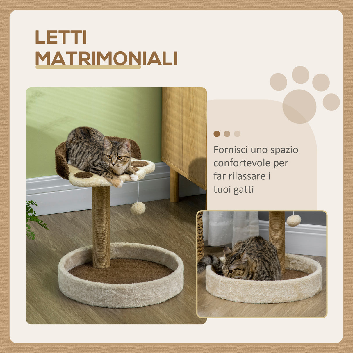 easycomfort tiragraffi per gatti da 5kg max con lettino e pallina da gioco in truciolato peluche e corda di juta 41x41x44 cm