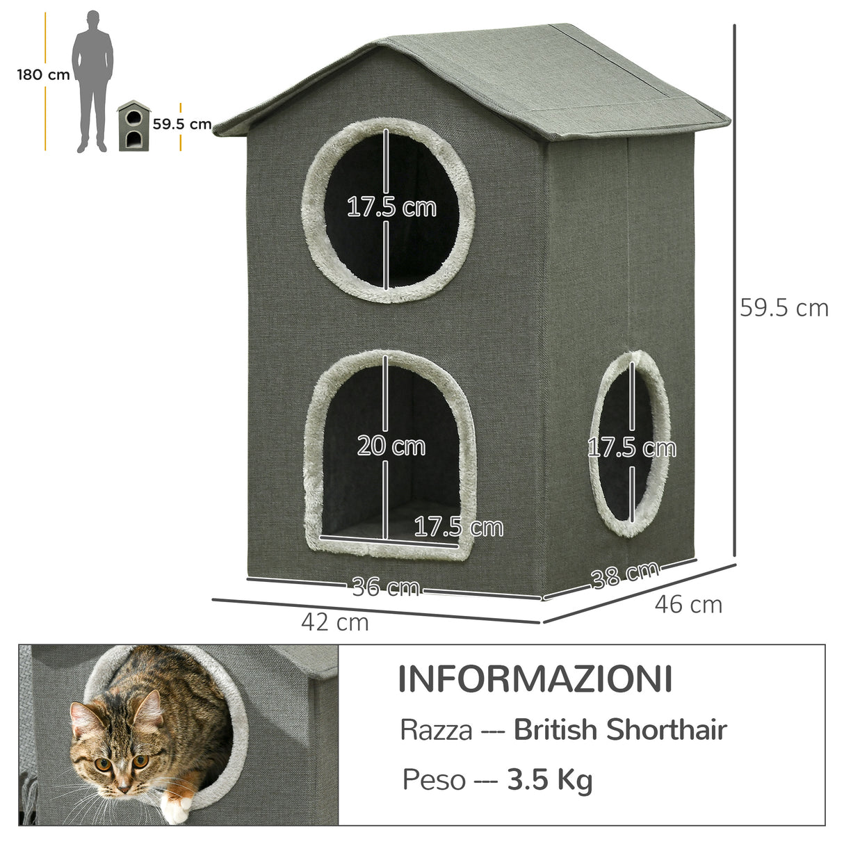 easycomfort easycomfort casetta per gatti a due livelli con cuscini lavabili 3 entrate 42x46x59 5 cm grigio