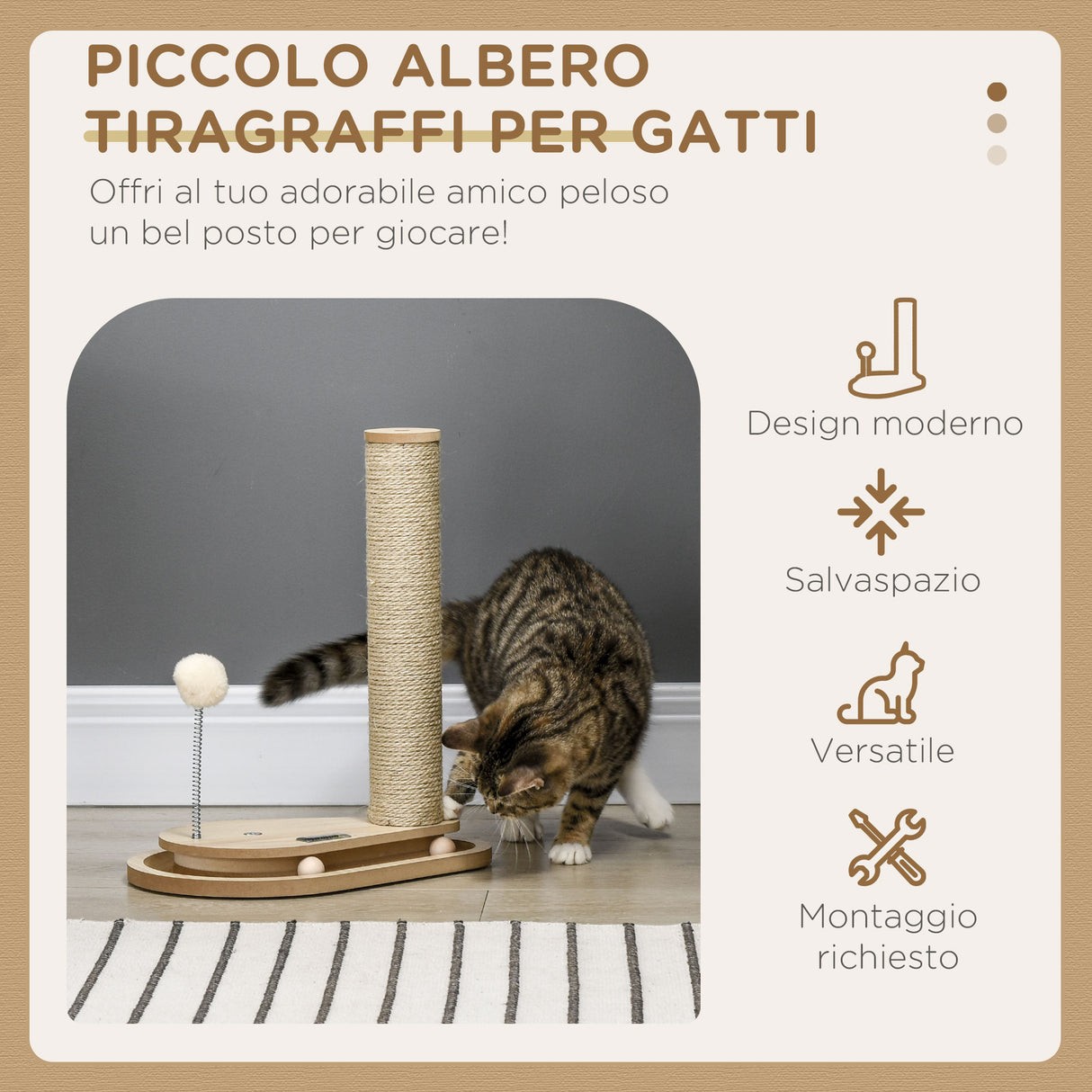 easycomfort tiragraffi per gatti 4kg max in truciolato e iuta con palline da gioco incluse 35x23x40 cm color rovere