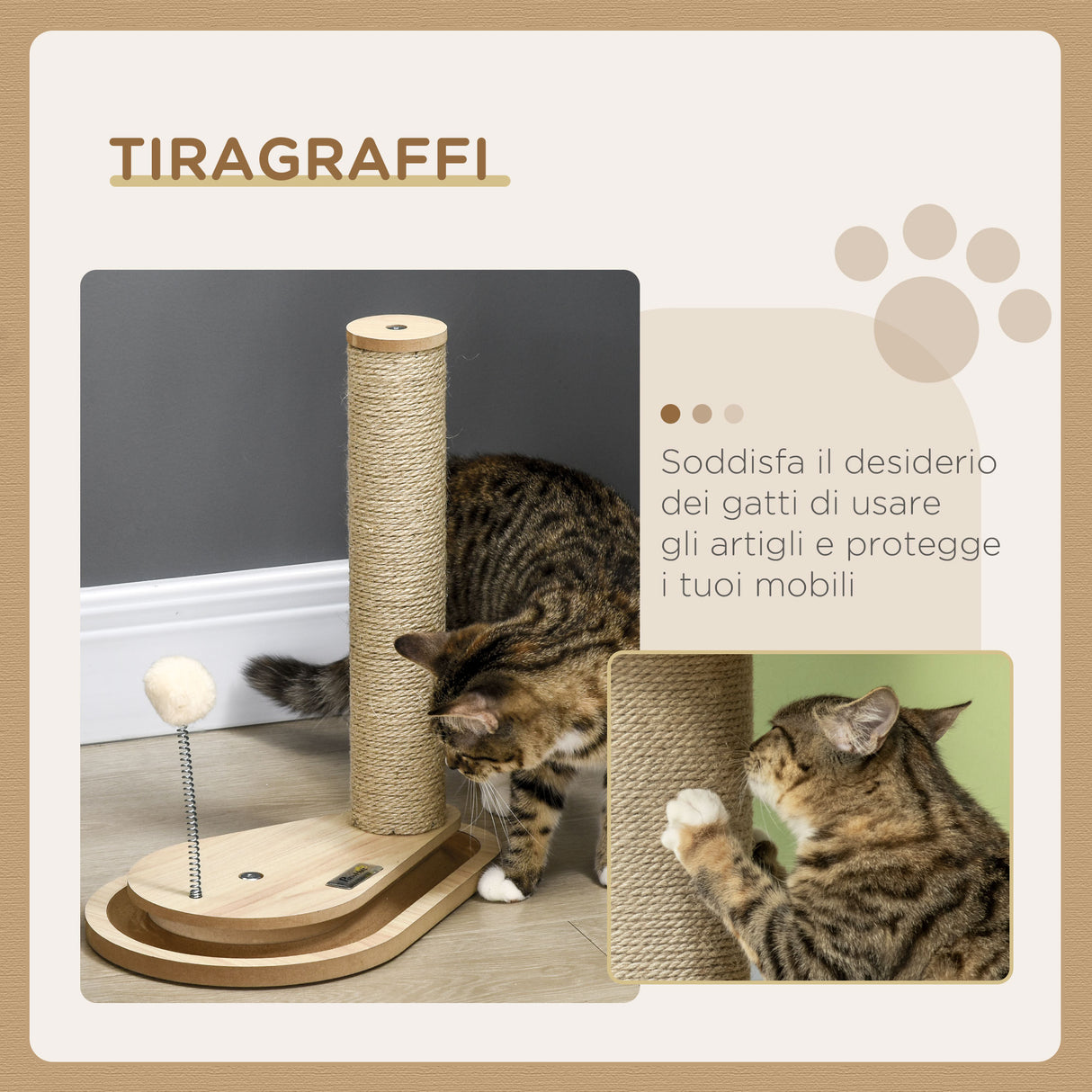 easycomfort tiragraffi per gatti 4kg max in truciolato e iuta con palline da gioco incluse 35x23x40 cm color rovere