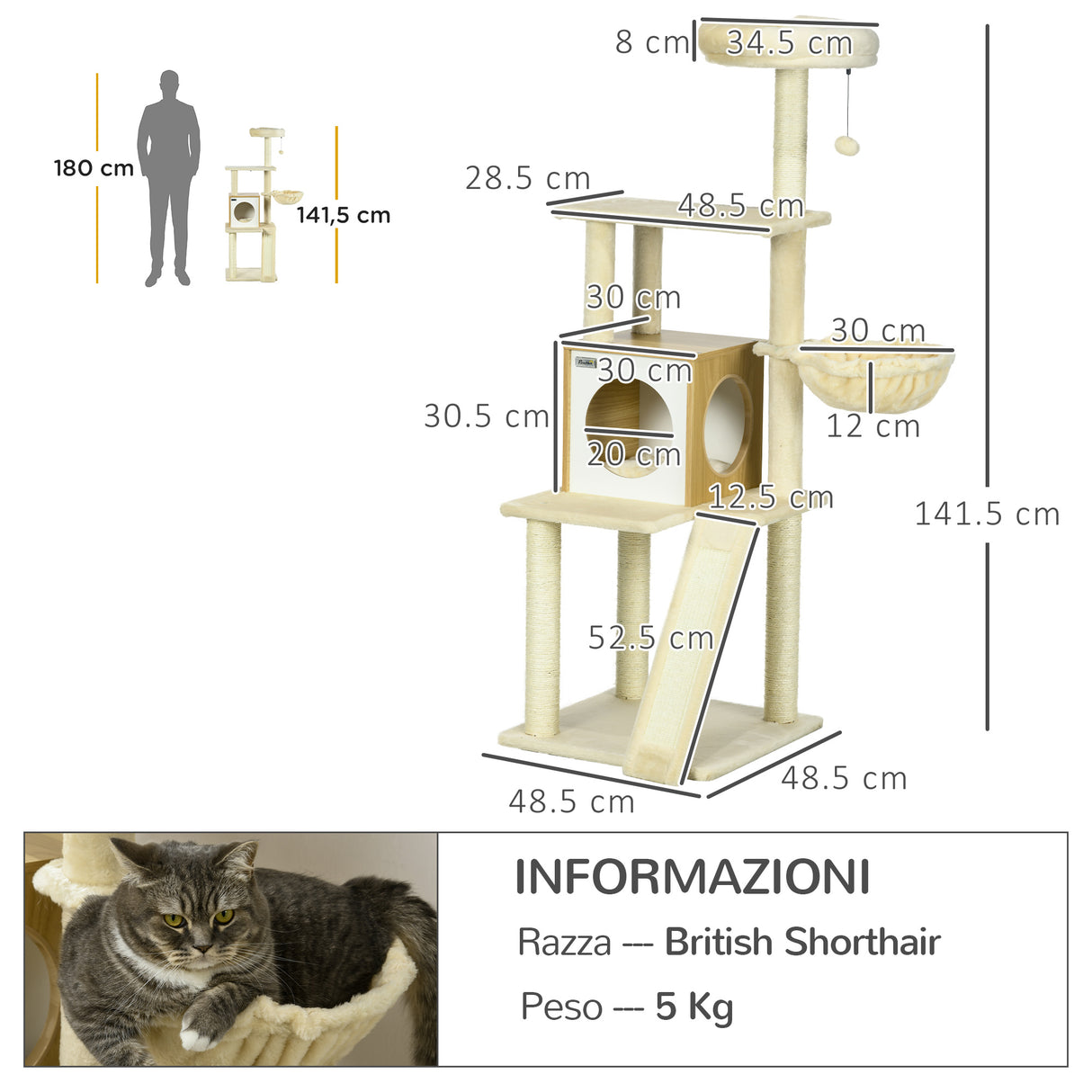 easycomfort easycomfort albero per gatti con casetta tiragraffi per gatti posatoio e paletto 48 5x48 5x141 5 cm beige