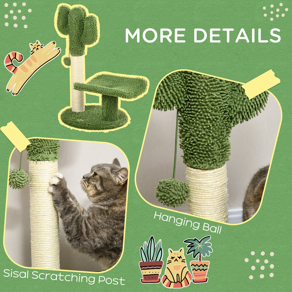 easycomfort albero per gatti a forma di cactus con tiragraffi e pallina da gioco 35x31x55.5 cm verde e bianco