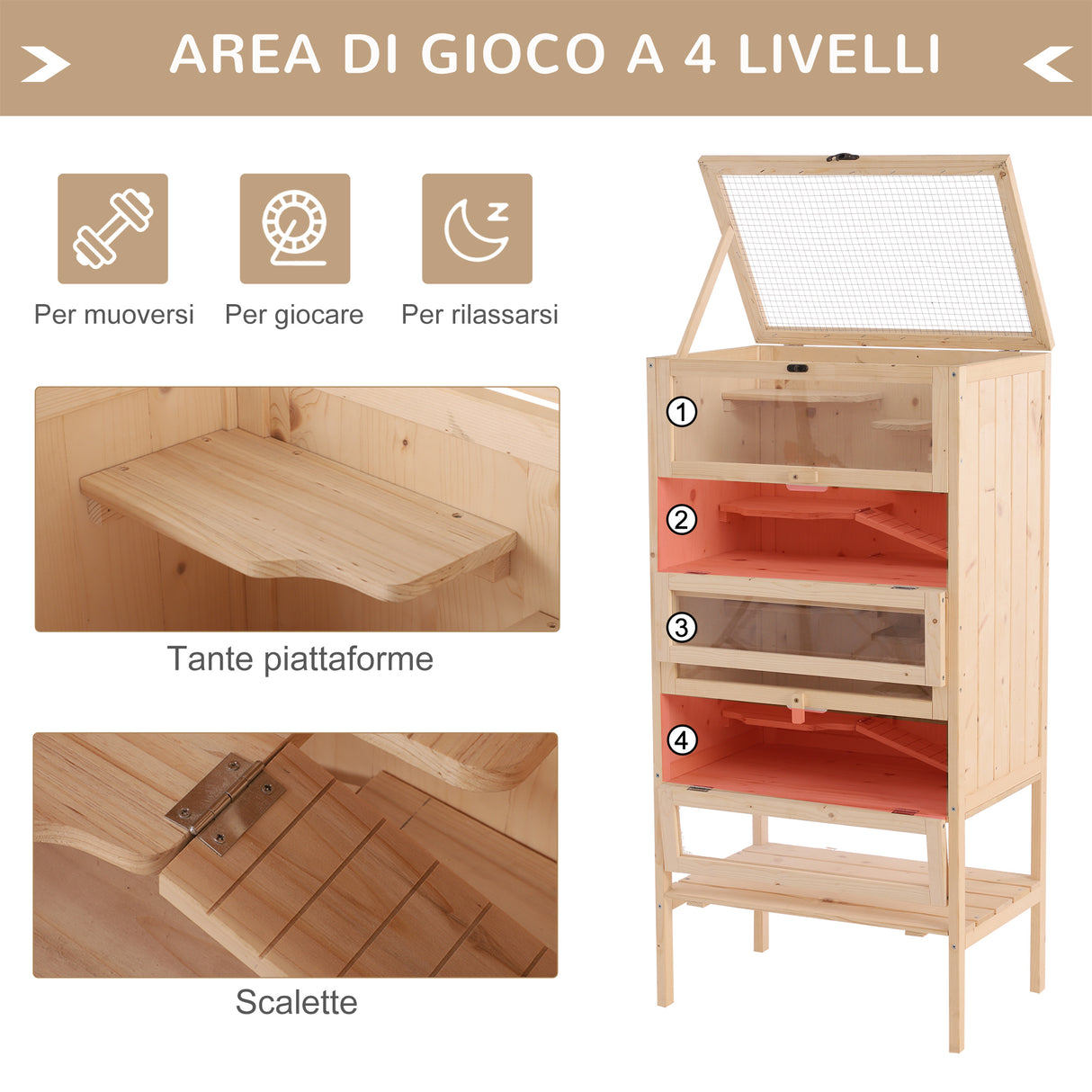 easycomfort easycomfort gabbia per roditori e criceti a 4 ripiani con tetto apribile in legno 60x40x120cm