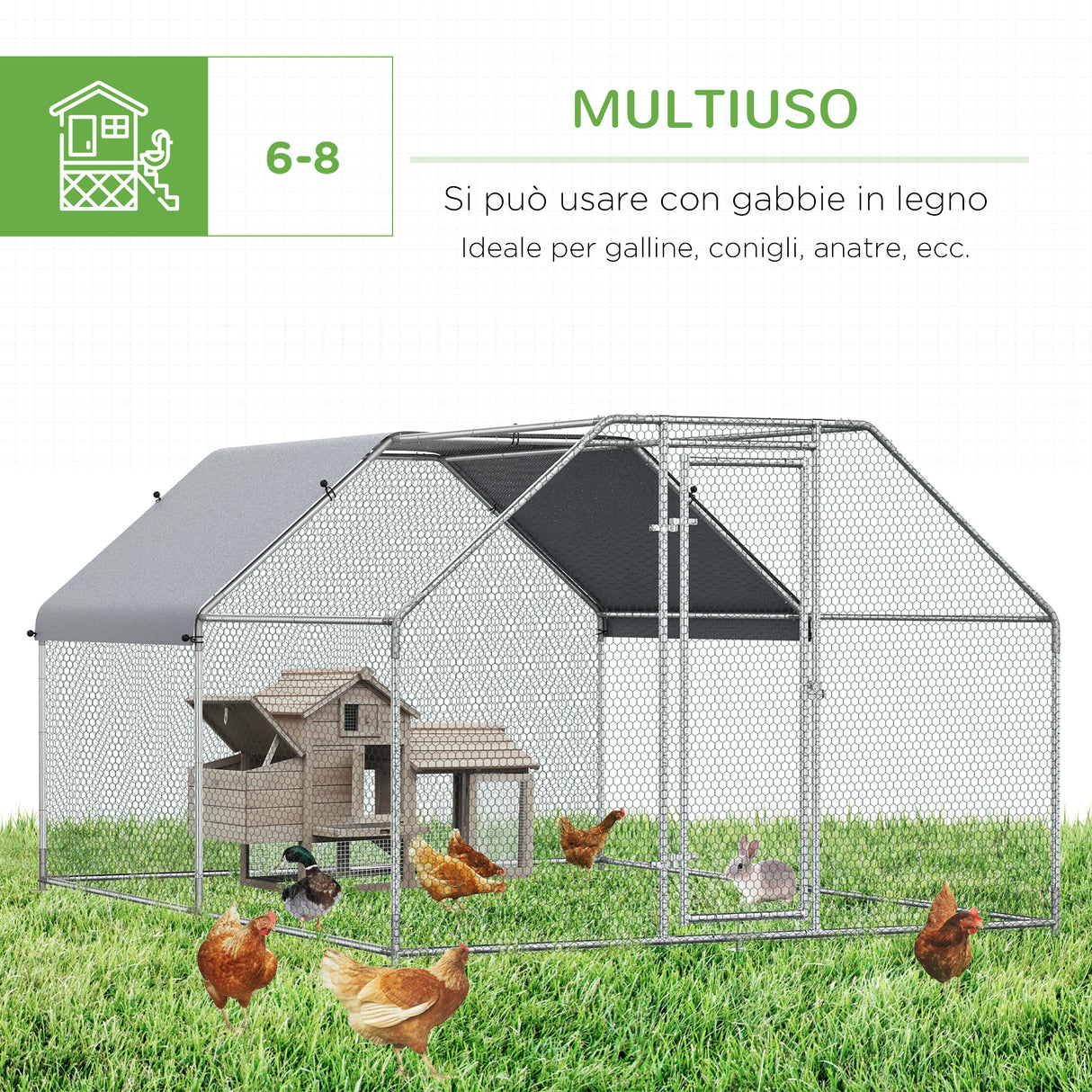 easycomfort easycomfort recinto gabbia per galline da esterno in metallo galvanizzato porta con blocco e sezione con tessuto oxford 280x380x195 cm argento