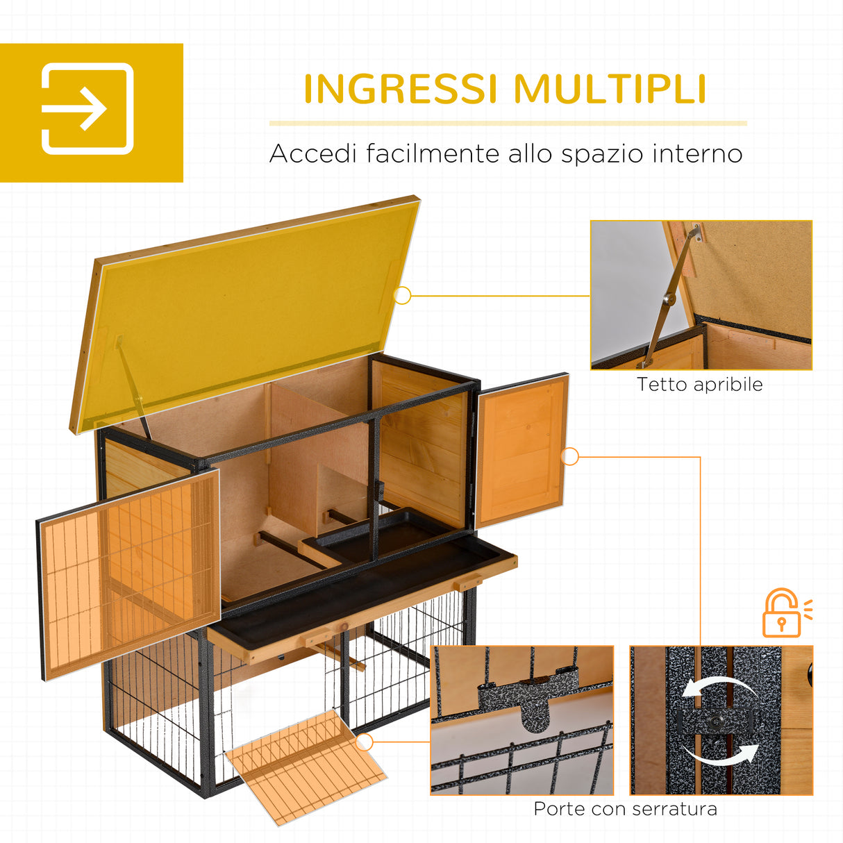 easycomfort gabbia per conigli con rampa e area aperta conigliera in legno e metallo su 2 livelli giallo chiaro 89.5x45x81cm