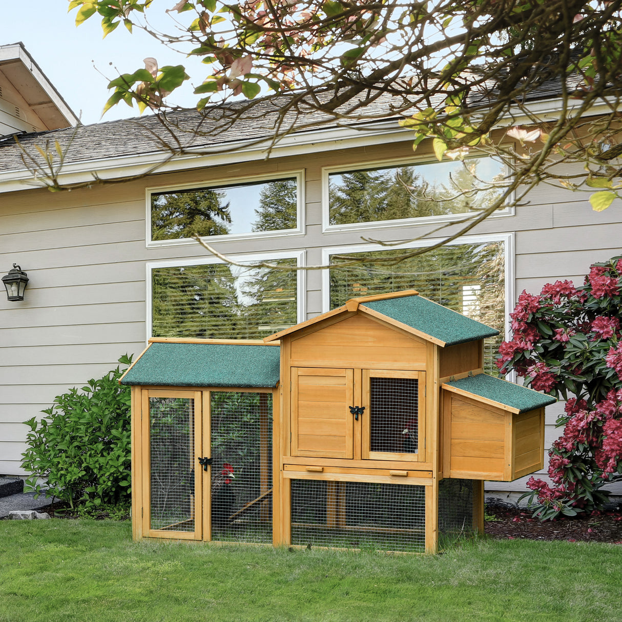 easycomfort easycomfort gabbia per galline con casetta e area aperta nido con tetto apribile e rete metallica pollaio in legno giallo 168x75x103cm