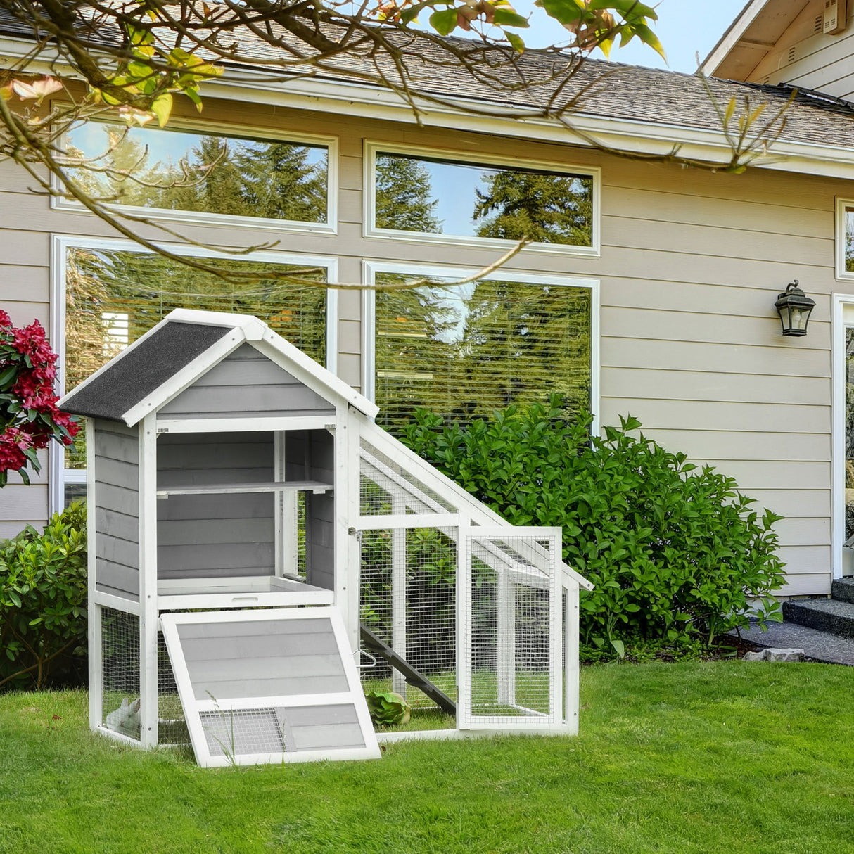 easycomfort easycomfort conigliera in legno con area aperta e rampa casetta per conigli con fondo estraibile e porte 140x65x120cm grigio