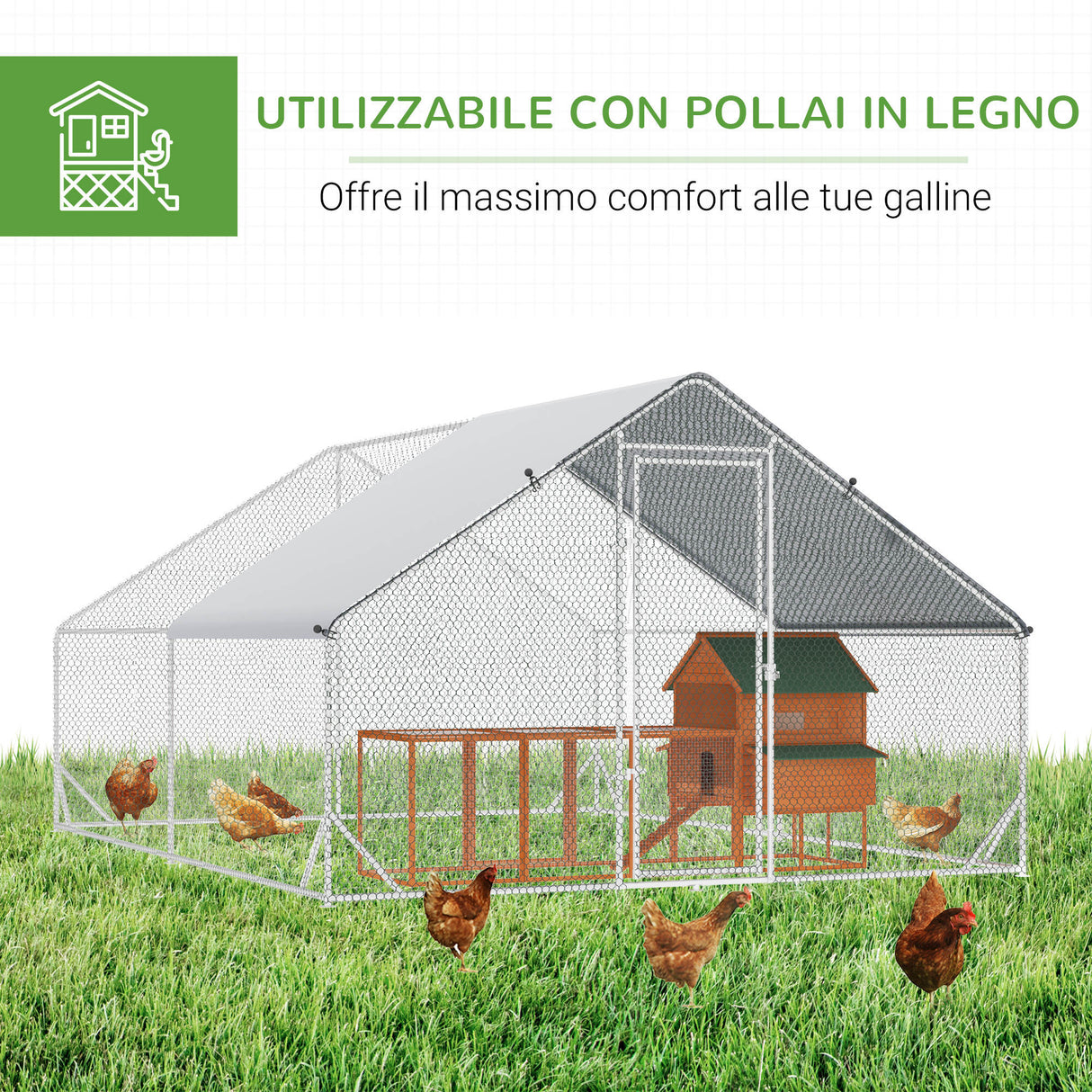 easycomfort pollaio da giardino con telaio zincato copertura impermeabile e rete esagonale 3x8x2m argento