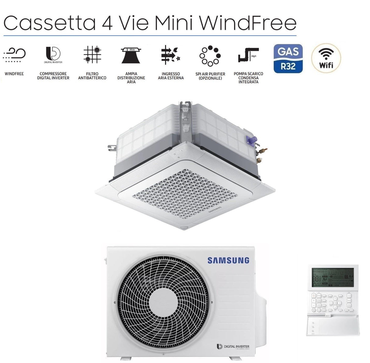 climatizzatore condizionatore inverter samsung cassetta 4 vie mini windfree 9000 btu r 32 ac026rnndkg con pannello e comando a filo novita