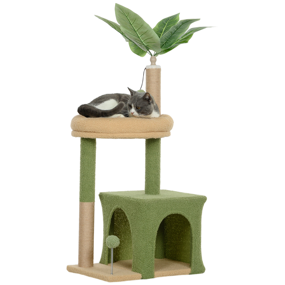 easycomfort easycomfort albero tiragraffi per gatti con casetta lettino e 2 palline in legno e poliestere 44x30x98 cm verde e marrone